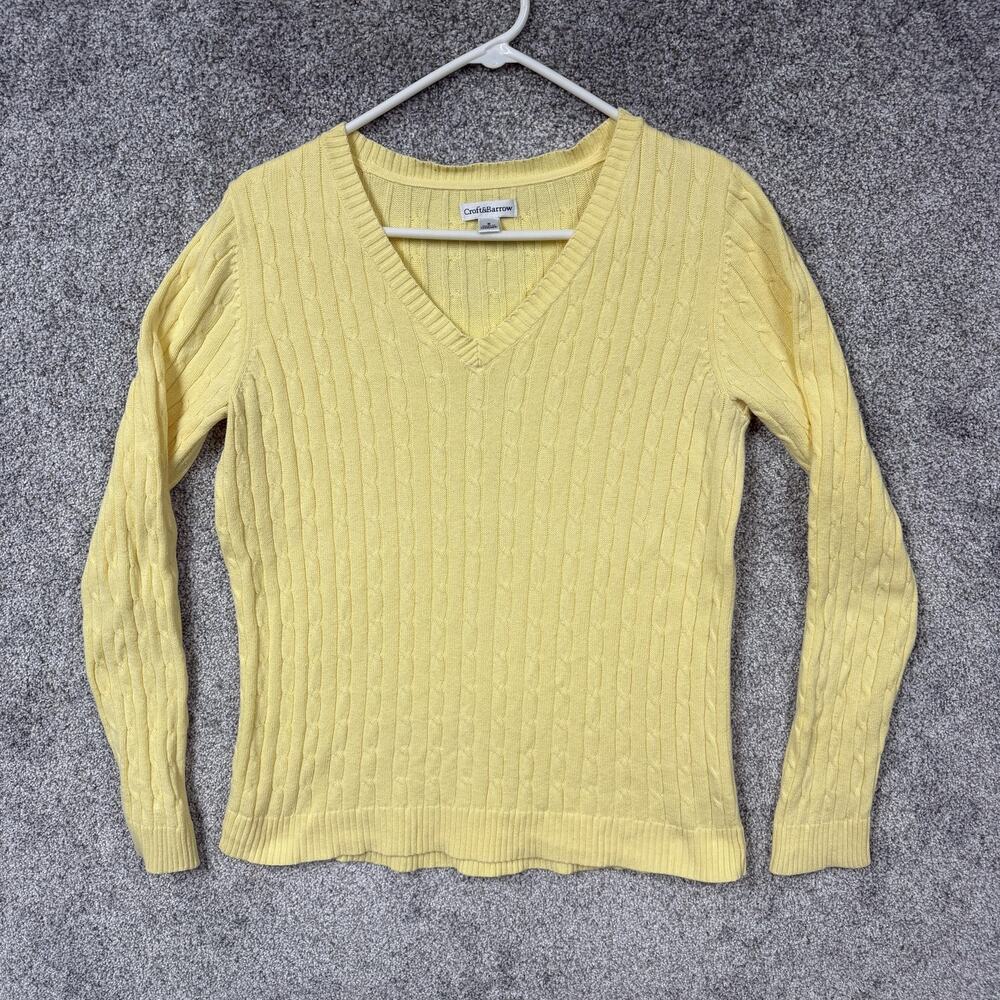 Croft & Barrow Sweater Womens S Yellow Cable Knit V-Neck Preppy Pastel Coquette